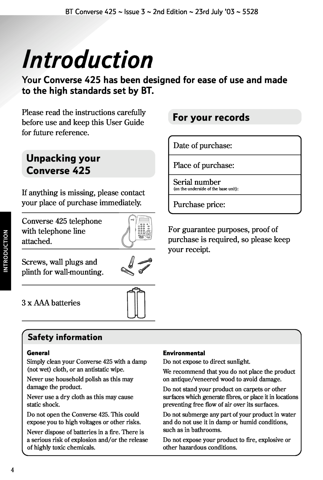 BT 425 manual Introduction, Unpacking your Converse, For your records, Safety information 