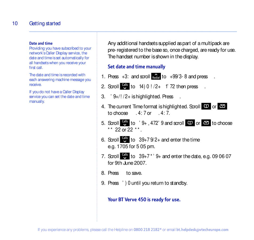 BT Set date and time manually, Your BT Verve 450 is ready for use, Date and time 