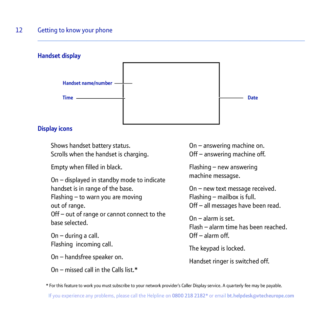 BT 450 manual Handset display, Display icons, Handset name/number Time, Date 