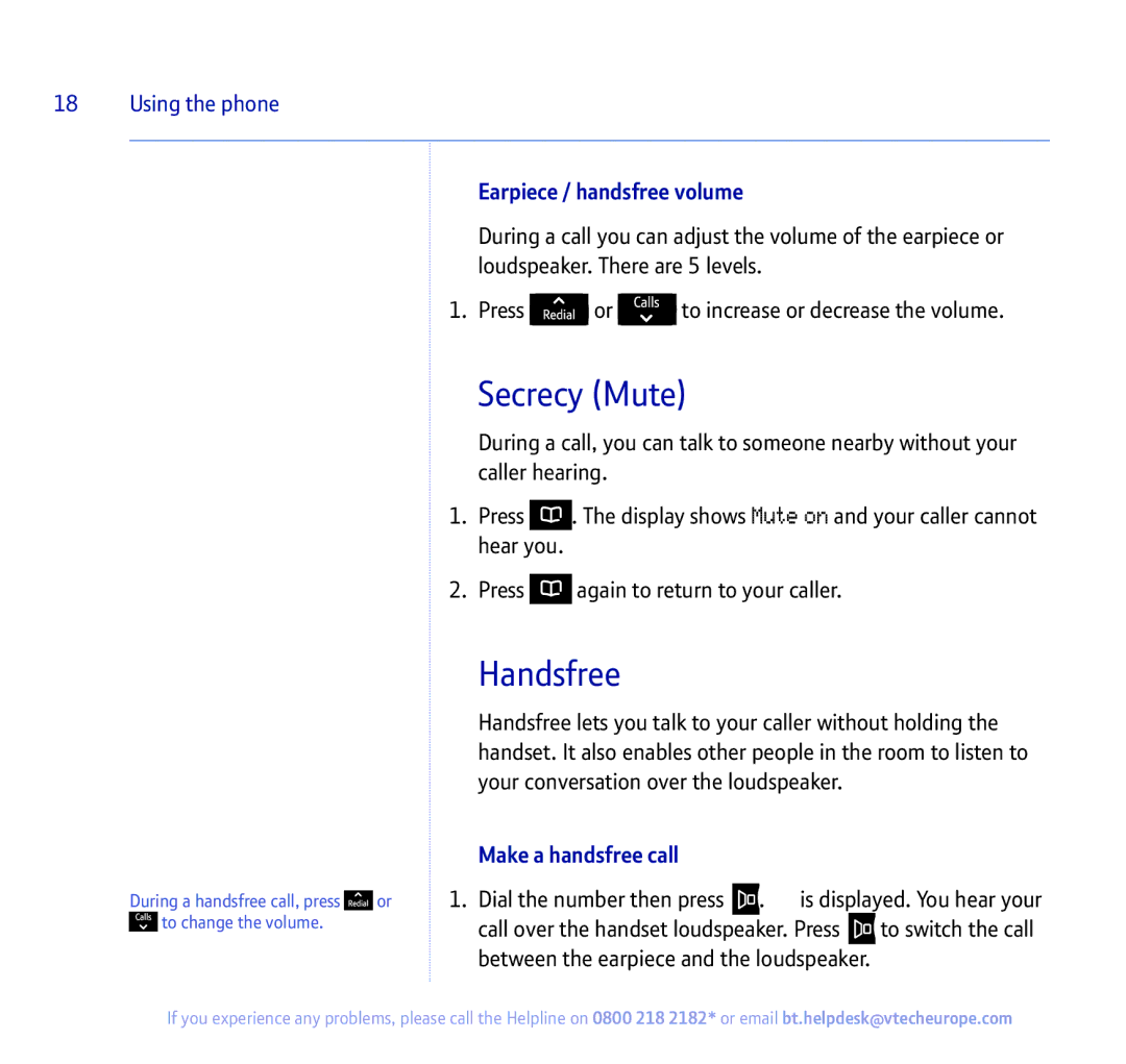 BT 450 manual Secrecy Mute, Handsfree, Earpiece / handsfree volume, Make a handsfree call 