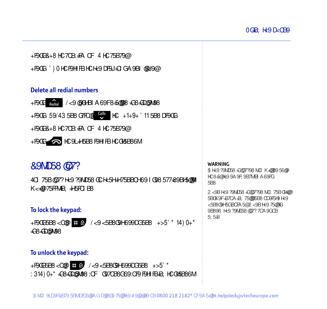 BT 450 manual Keypad lock, Delete all redial numbers, To lock the keypad, To unlock the keypad 