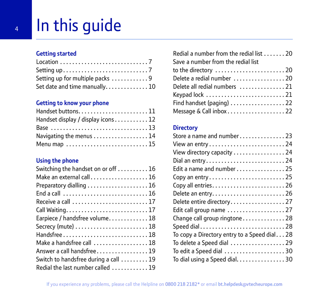 BT 450 manual This guide, Getting started, Getting to know your phone, Using the phone, Directory 