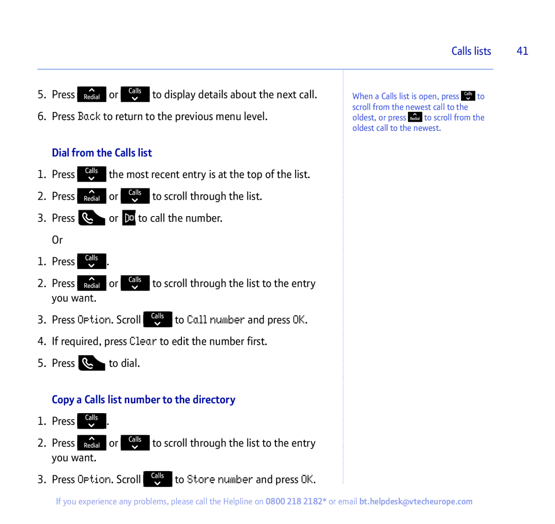 BT 450 manual Dial from the Calls list, Copy a Calls list number to the directory 