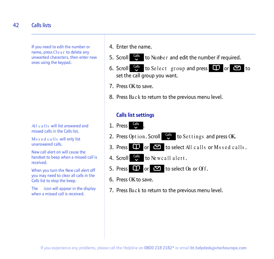 BT 450 manual To Select group and press, Scroll to New call alert, Calls list settings 