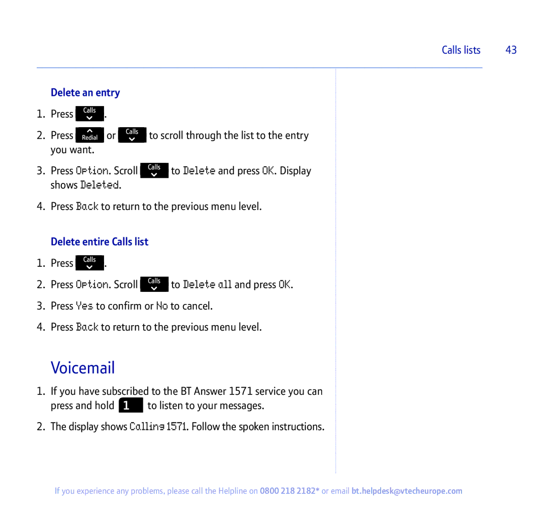 BT 450 manual Voicemail, Delete entire Calls list 