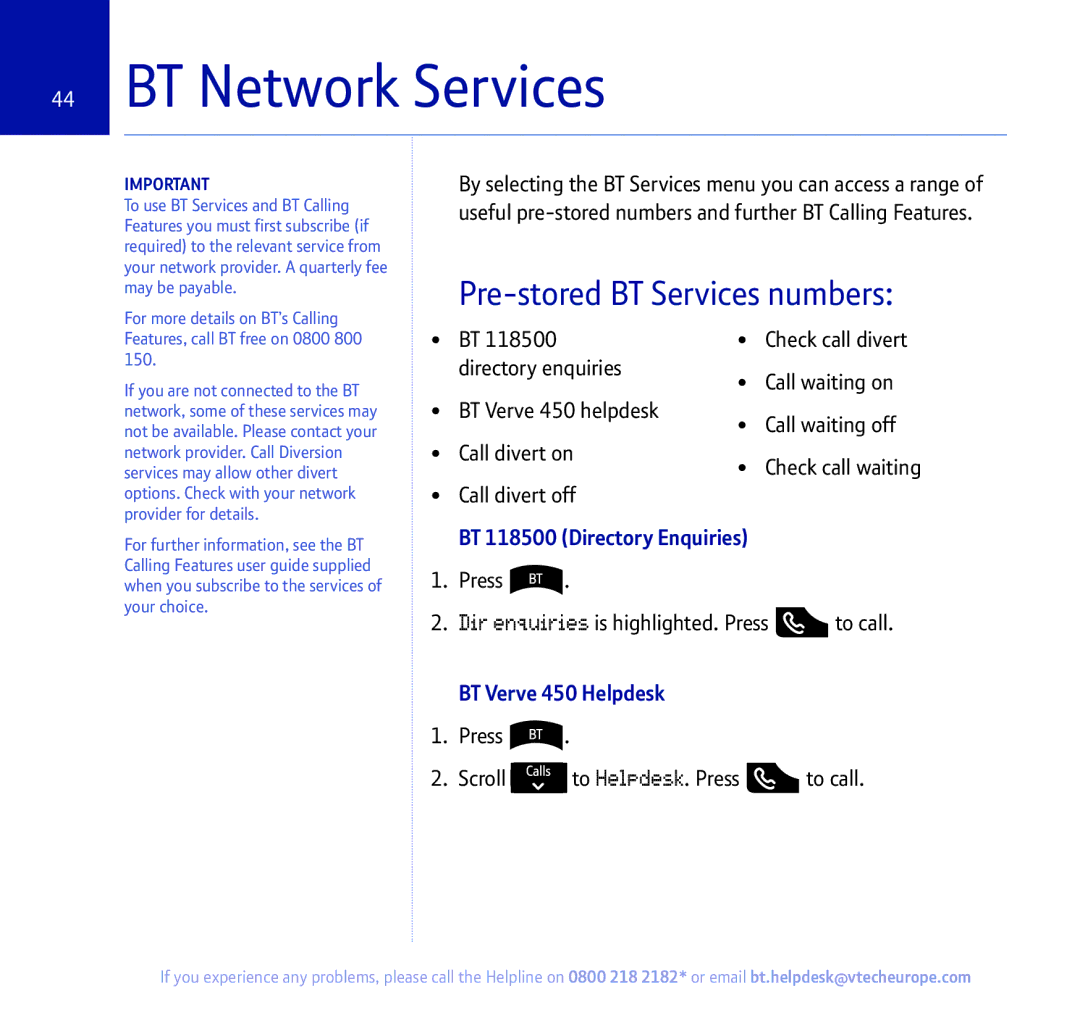 BT manual BT Network Services, Pre-stored BT Services numbers, BT 118500 Directory Enquiries, BT Verve 450 Helpdesk 