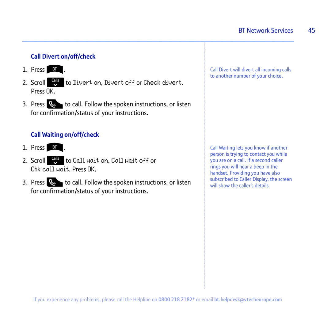 BT 450 manual Call Divert on/off/check, Call Waiting on/off/check 