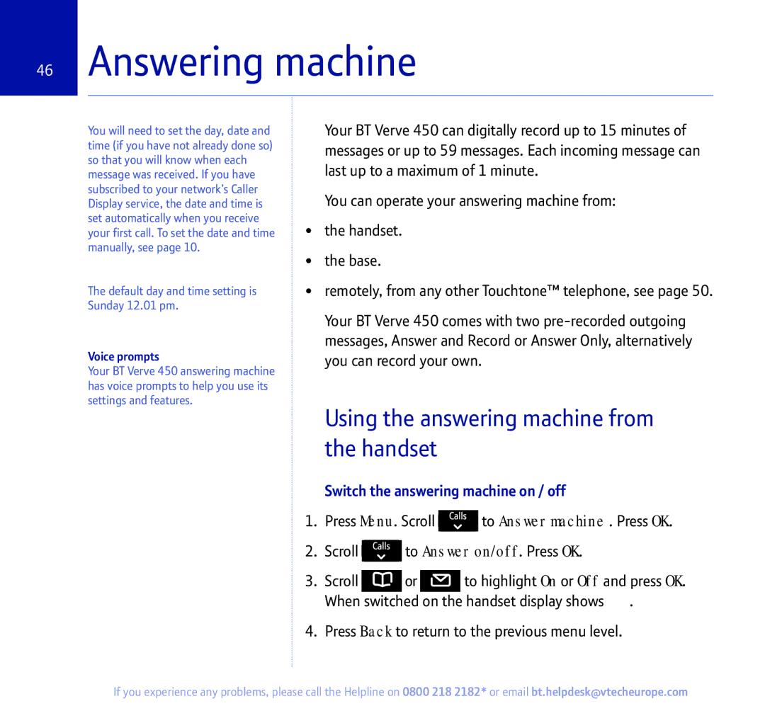 BT 450 manual Answering machine, Using the answering machine from the handset, Switch the answering machine on / off 