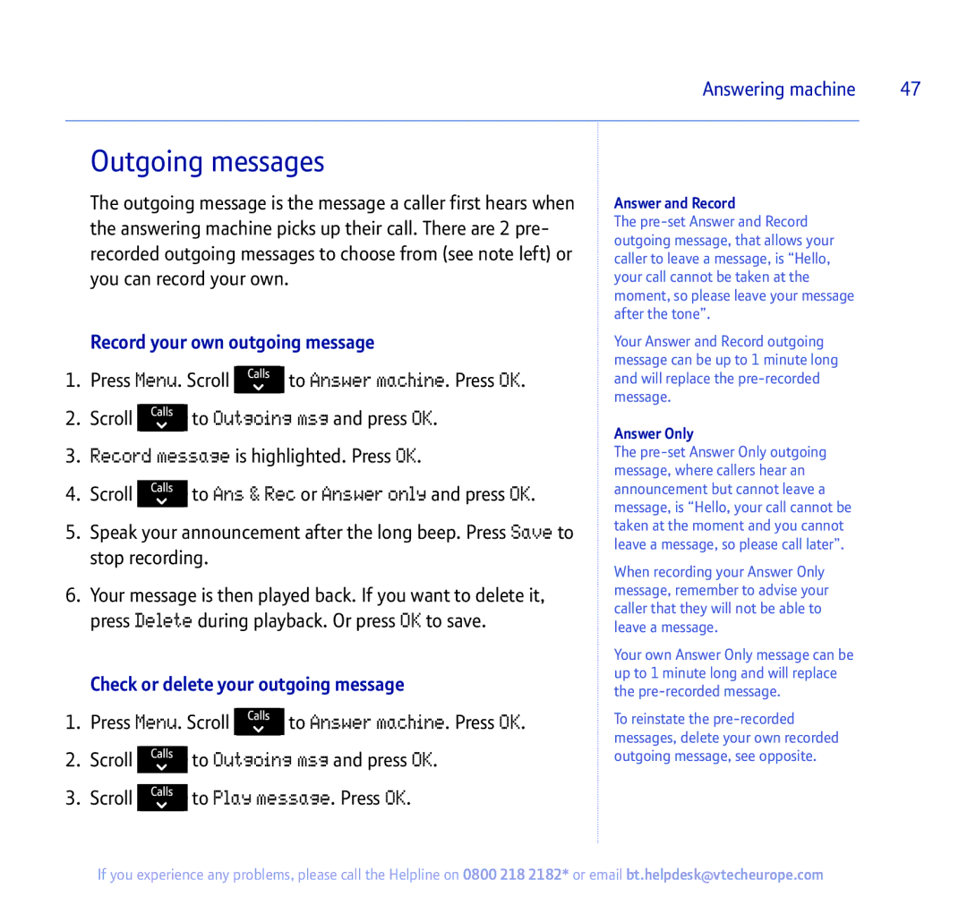 BT 450 manual Outgoing messages, Record your own outgoing message, Check or delete your outgoing message, Answer and Record 