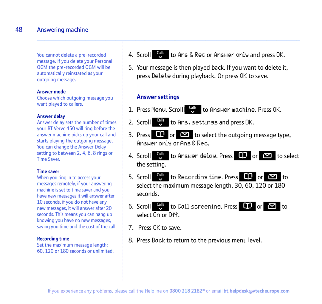 BT 450 manual Answer only or Ans & Rec, Answer settings 