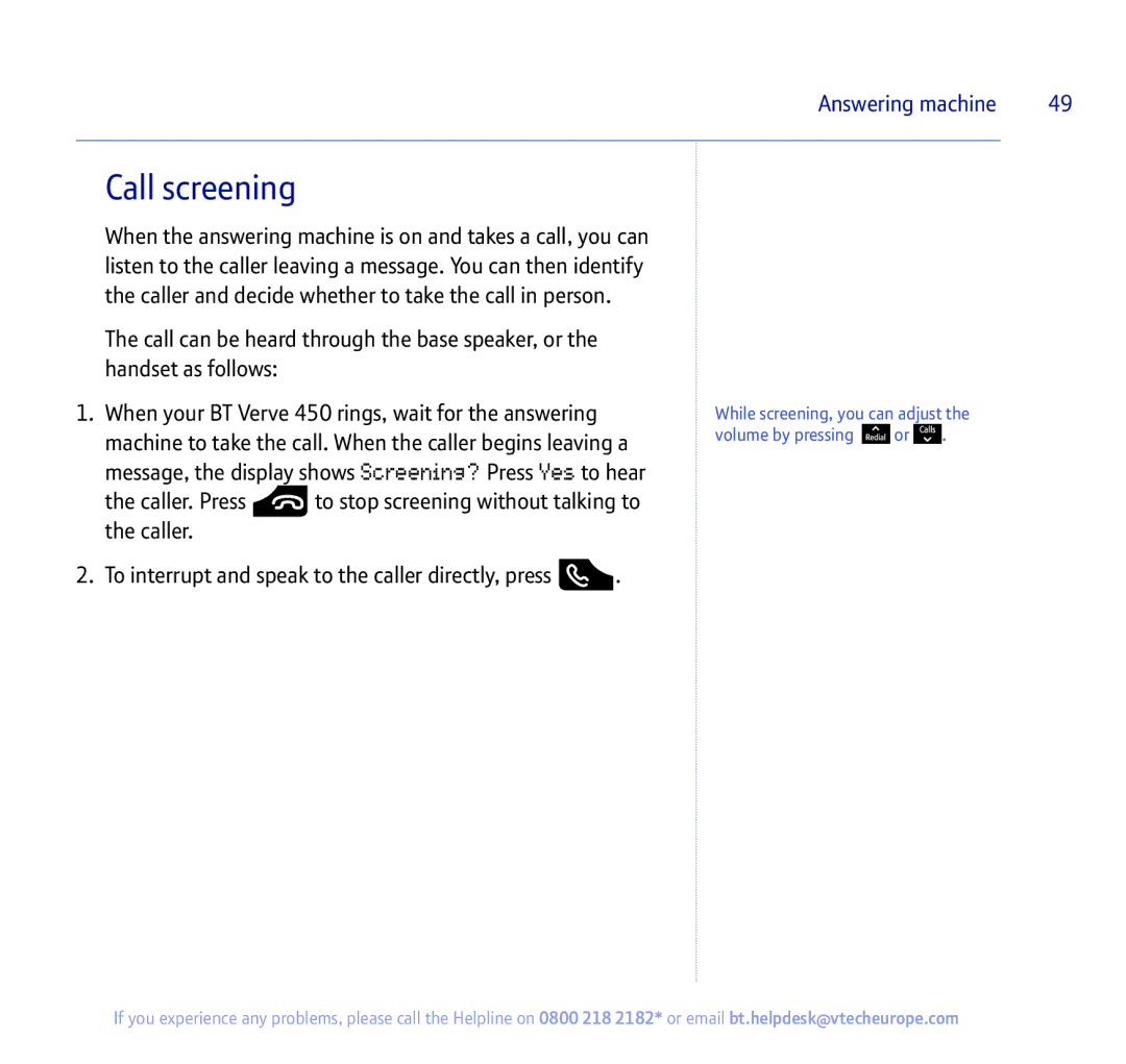 BT 450 manual Call screening 