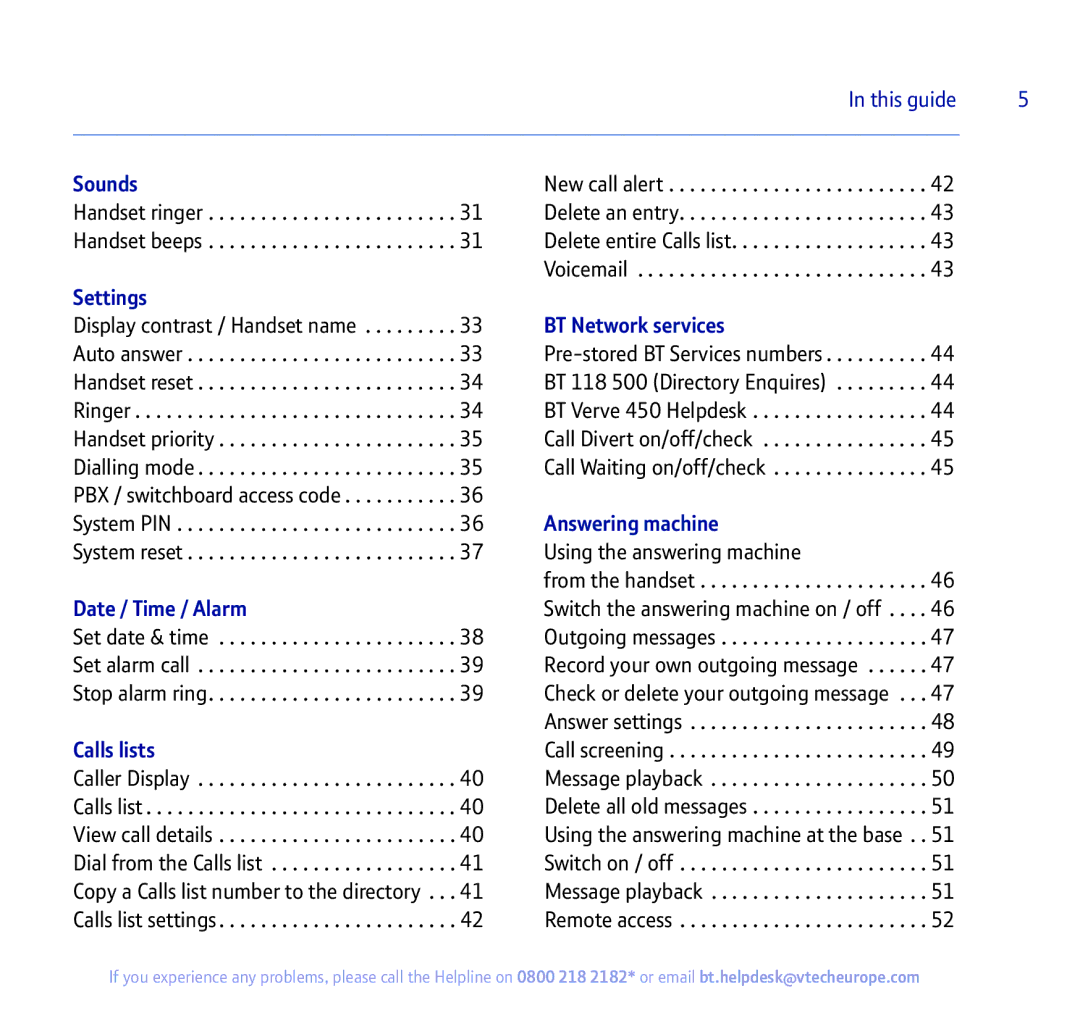 BT 450 manual Sounds, Settings, BT Network services, Answering machine, Date / Time / Alarm, Calls lists 