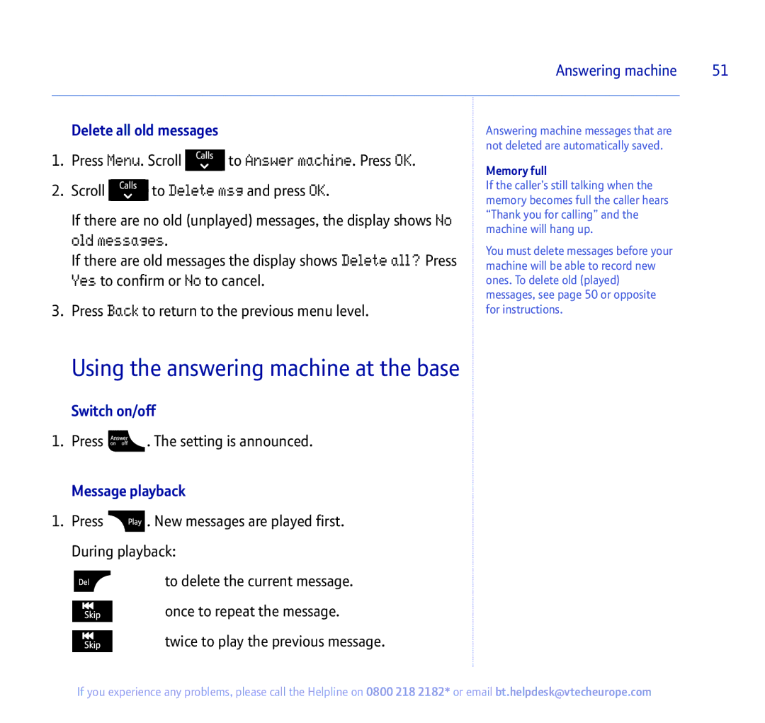 BT 450 manual Using the answering machine at the base, Delete all old messages, Switch on/off, Message playback 