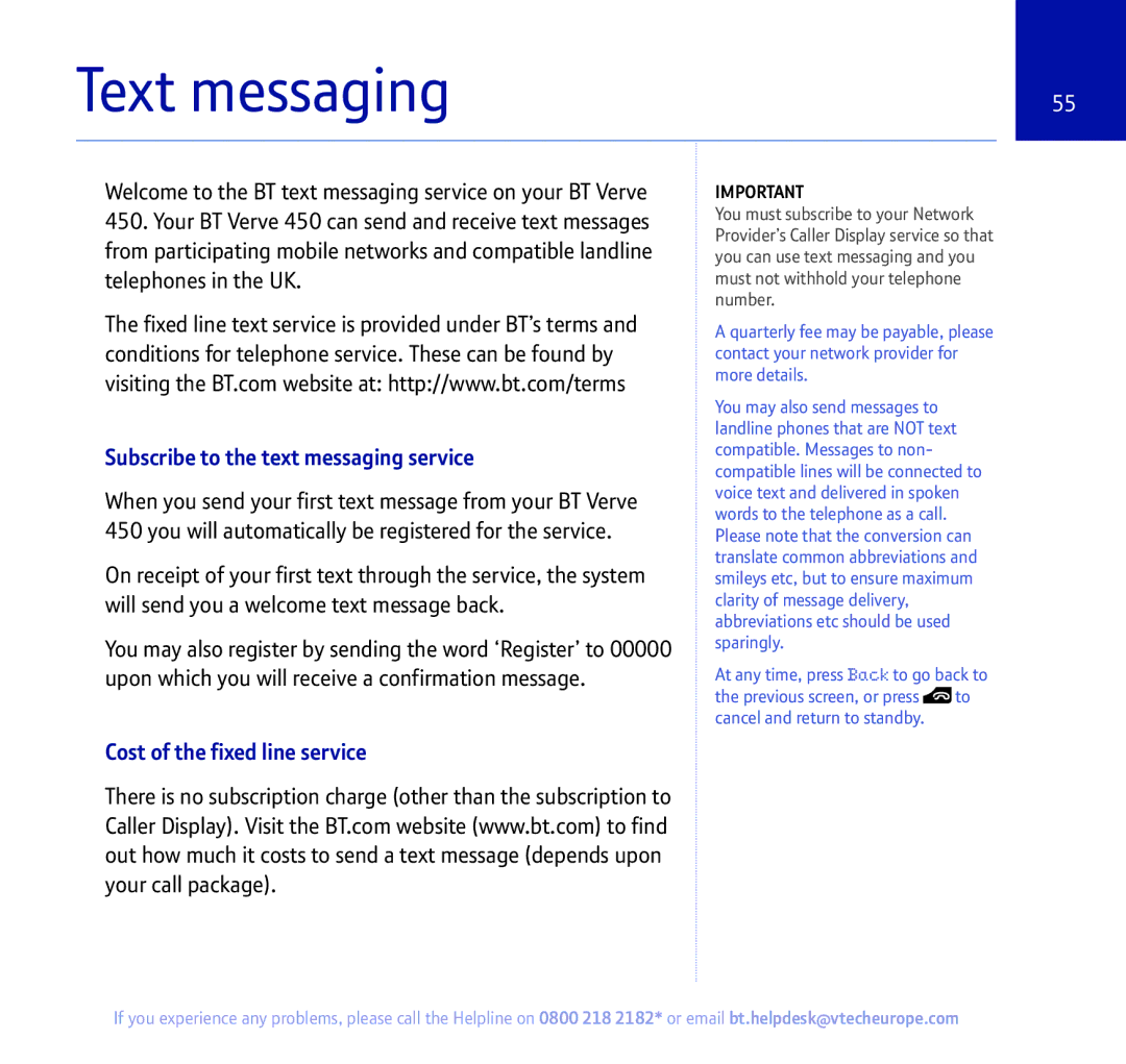 BT 450 manual Text messaging, Subscribe to the text messaging service, Cost of the fixed line service 