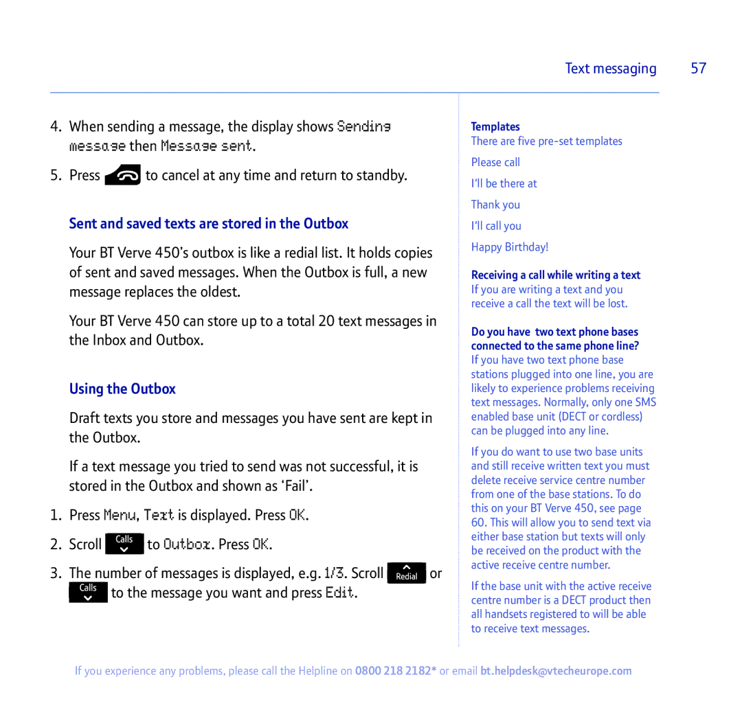 BT 450 manual Sent and saved texts are stored in the Outbox, Using the Outbox, Templates 