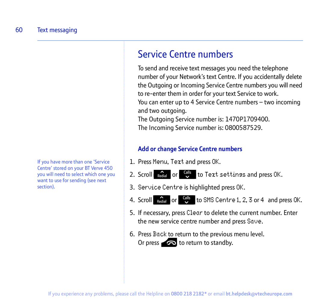 BT 450 manual Add or change Service Centre numbers 