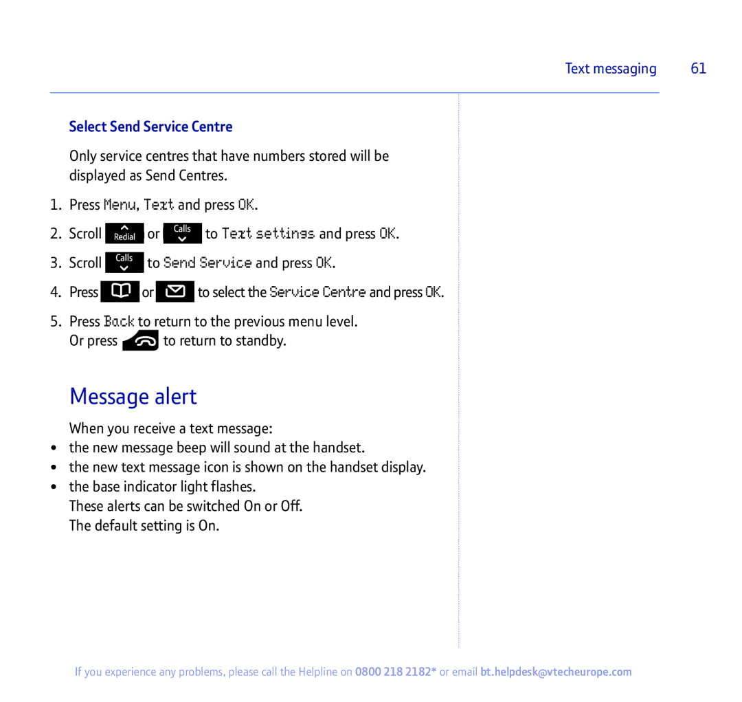 BT 450 manual Message alert, Select Send Service Centre 