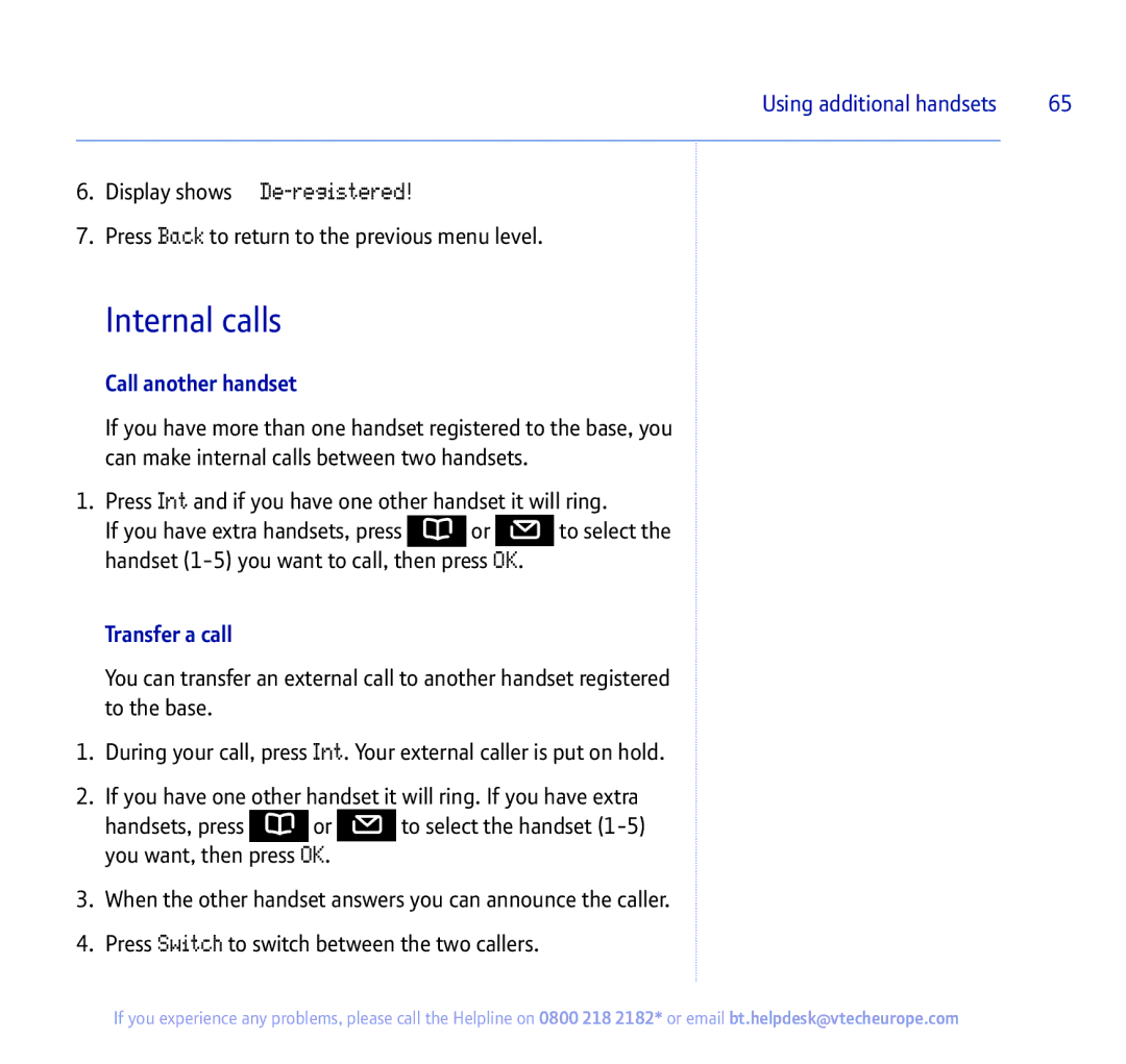 BT 450 manual Internal calls, Call another handset, Transfer a call 
