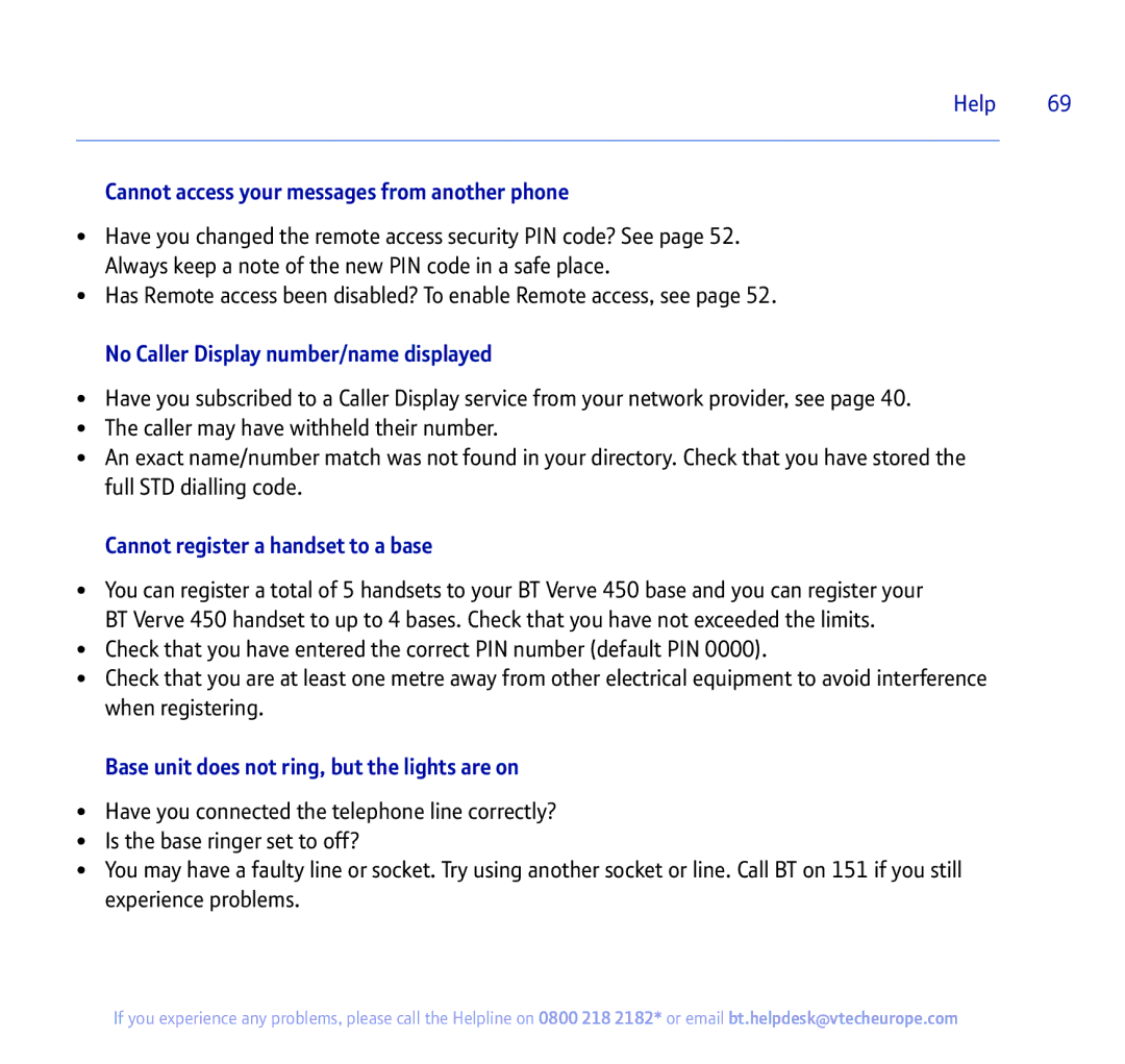 BT 450 manual Cannot access your messages from another phone, No Caller Display number/name displayed 