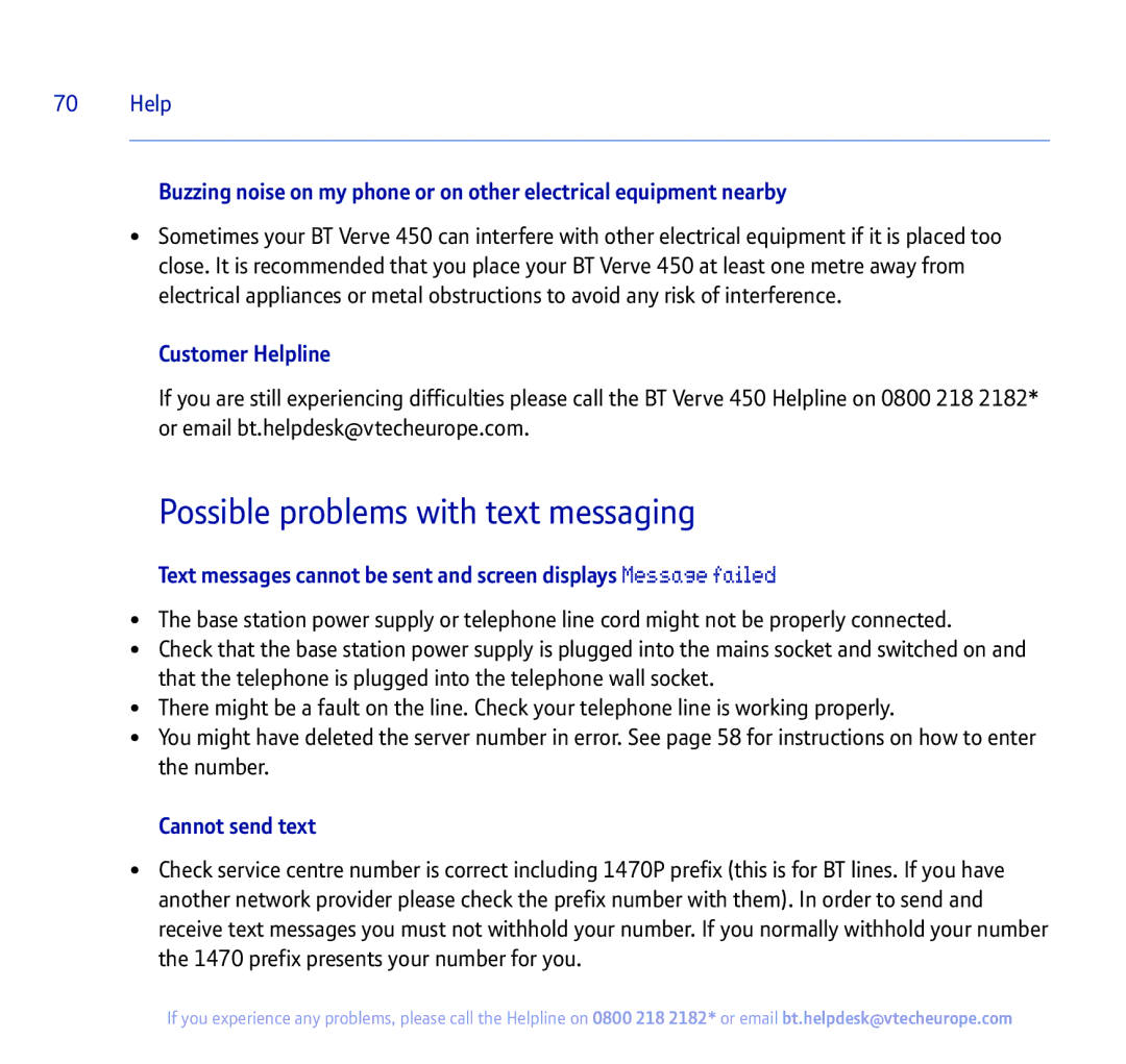 BT 450 manual Possible problems with text messaging, Customer Helpline, Cannot send text 