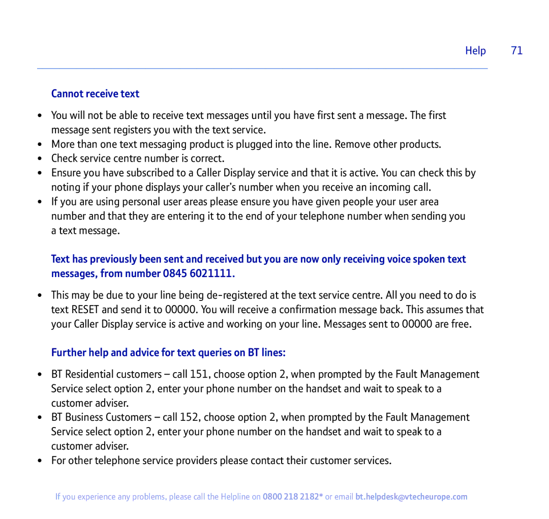 BT 450 manual Cannot receive text, Further help and advice for text queries on BT lines 