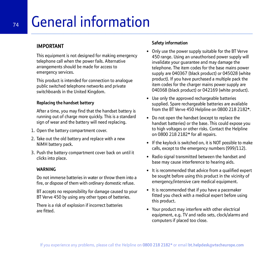 BT 450 manual General information, Replacing the handset battery 