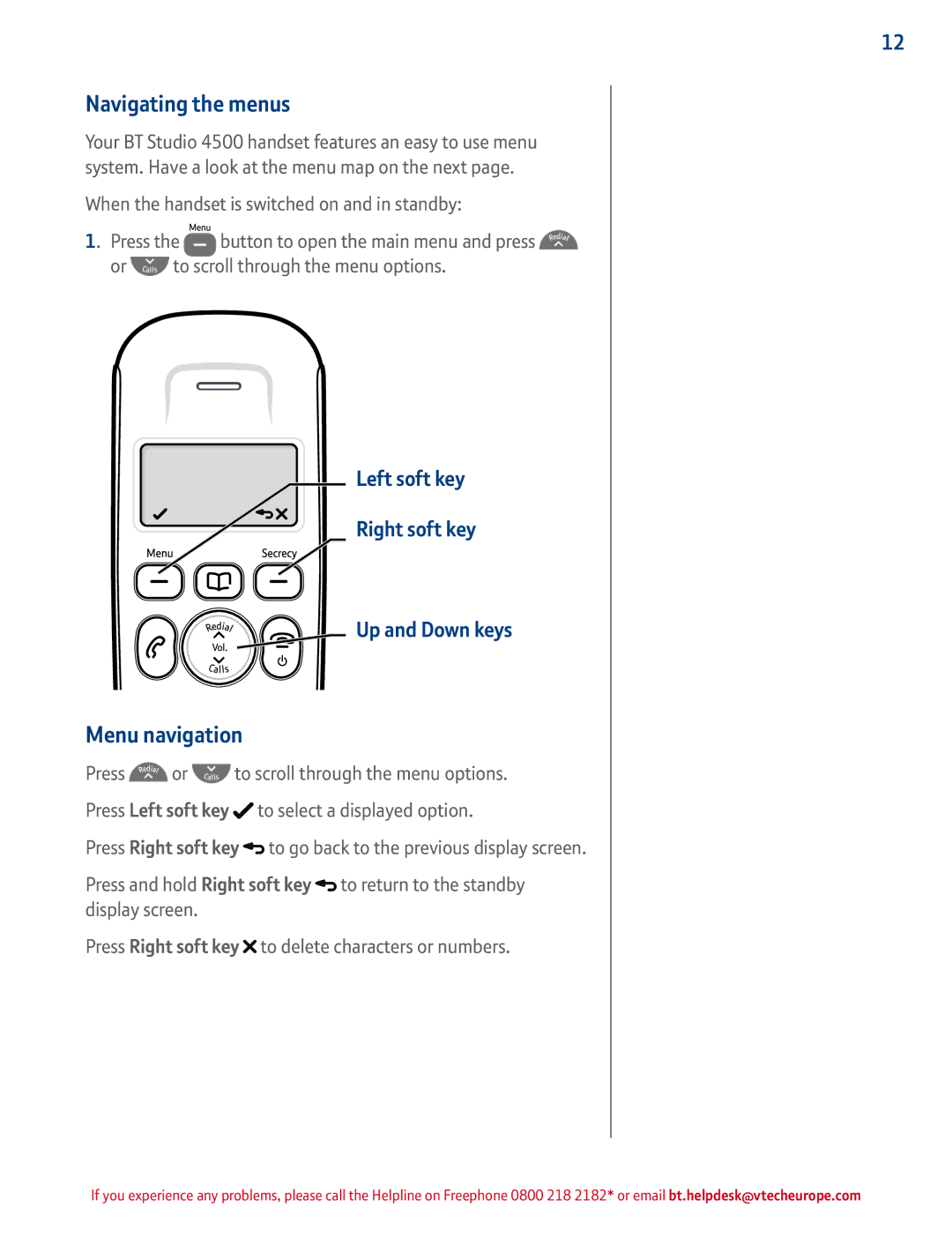 BT 4500 manual Navigating the menus, Menu navigation, When the handset is switched on and in standby, Press 