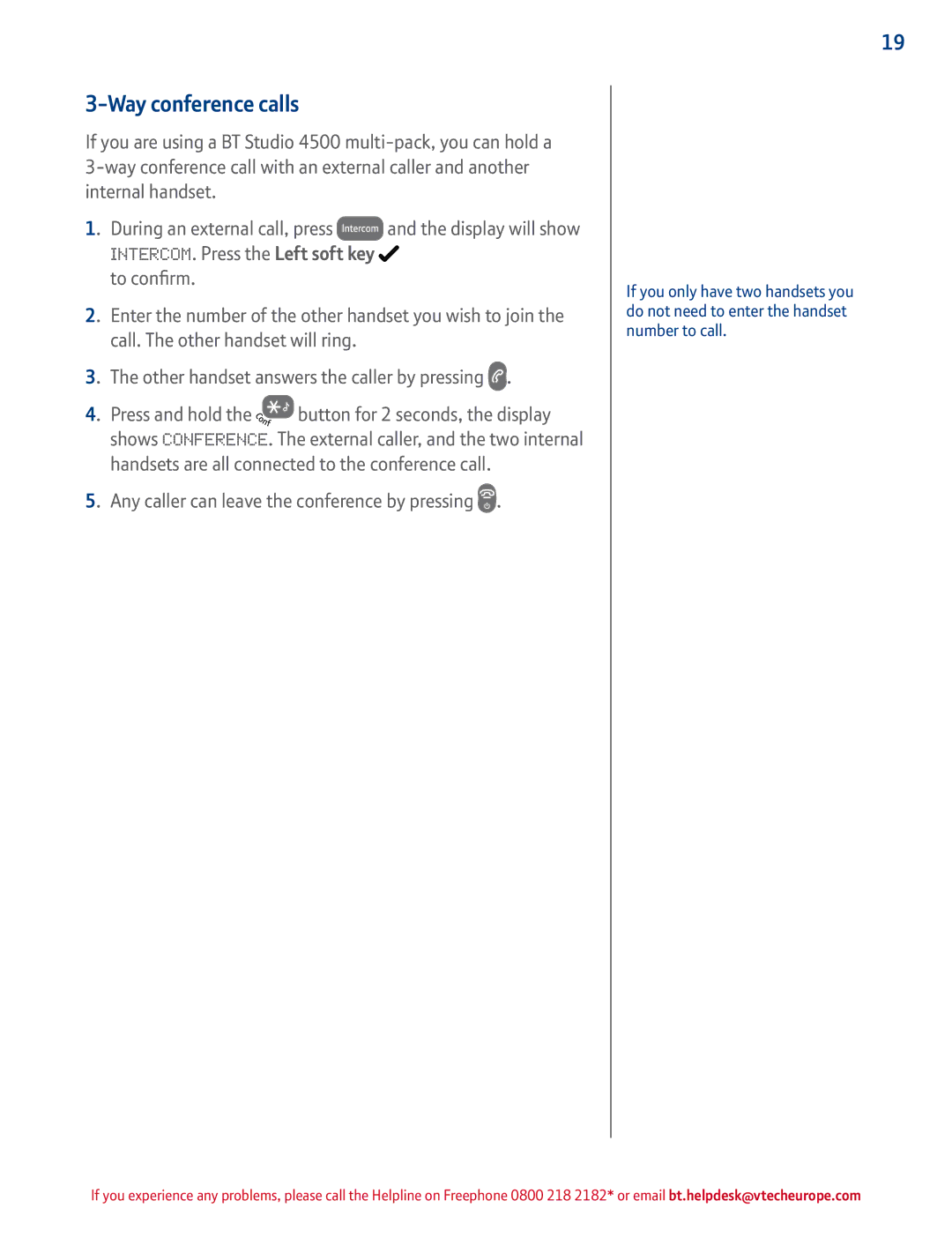 BT 4500 manual Way conference calls, Any caller can leave the conference by pressing 