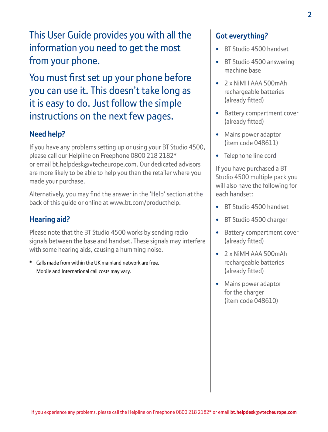 BT manual Need help?, Hearing aid?, Got everything?, BT Studio 4500 handset, Battery compartment cover already fitted 