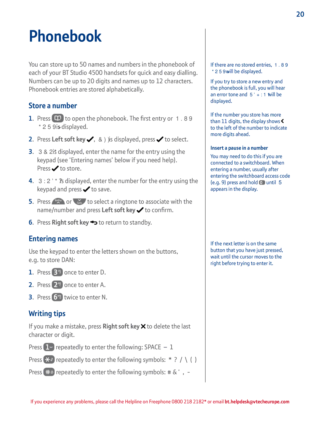 BT 4500 manual Store a number, Entering names, Writing tips, Phonebook entries are stored alphabetically 