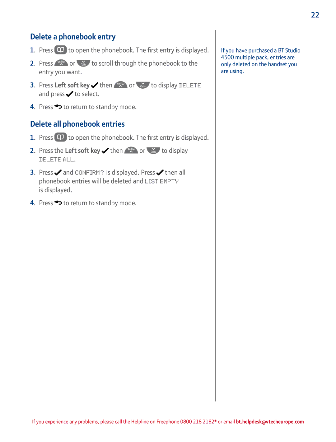 BT 4500 manual Delete a phonebook entry, Delete all phonebook entries, Press the Left soft key then or to display 