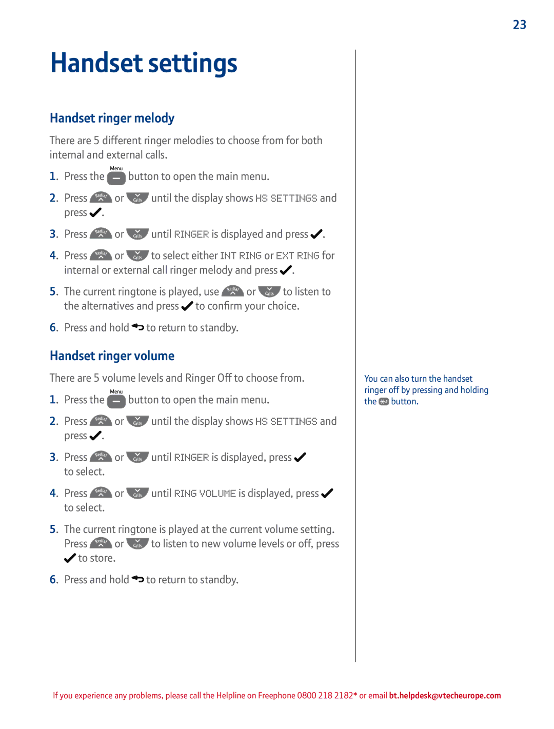 BT 4500 manual Handset settings, Handset ringer melody, Handset ringer volume, Press and hold to return to standby 