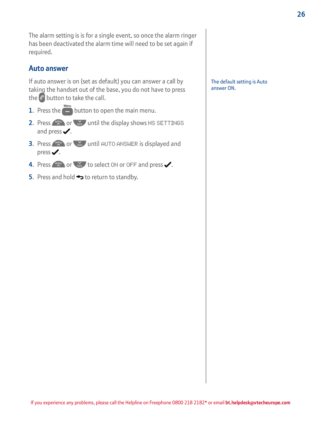 BT 4500 manual Default setting is Auto answer on 