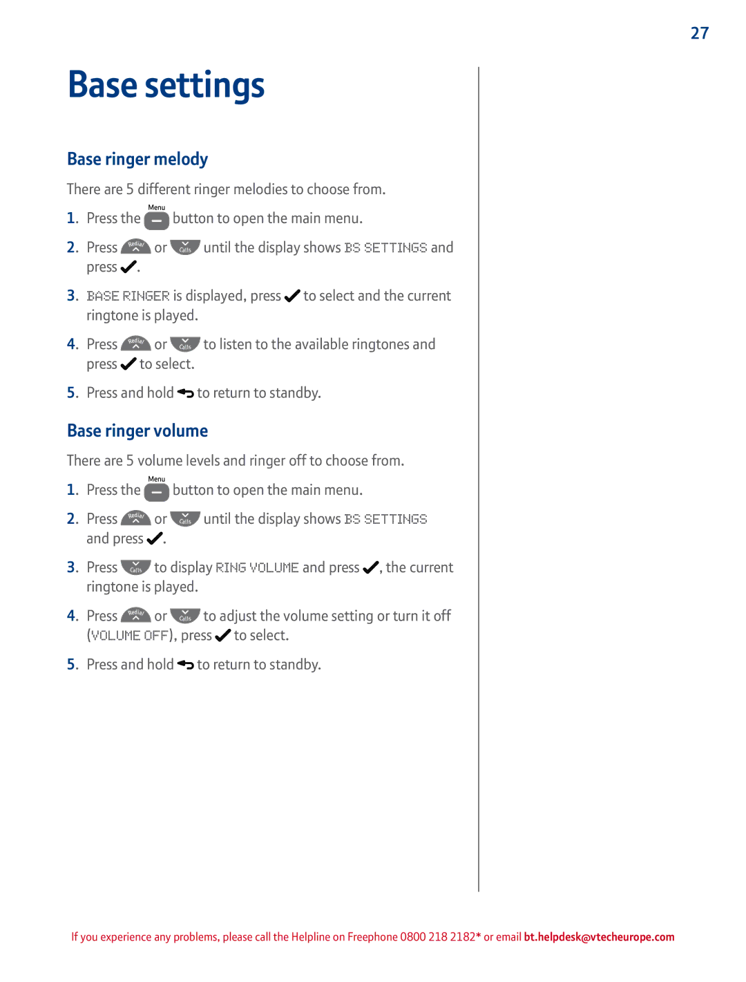BT 4500 manual Base settings, Base ringer melody, Base ringer volume 