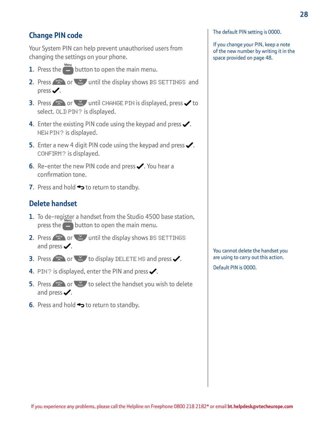 BT 4500 manual Change PIN code, Delete handset, Default PIN setting is, Default PIN is 