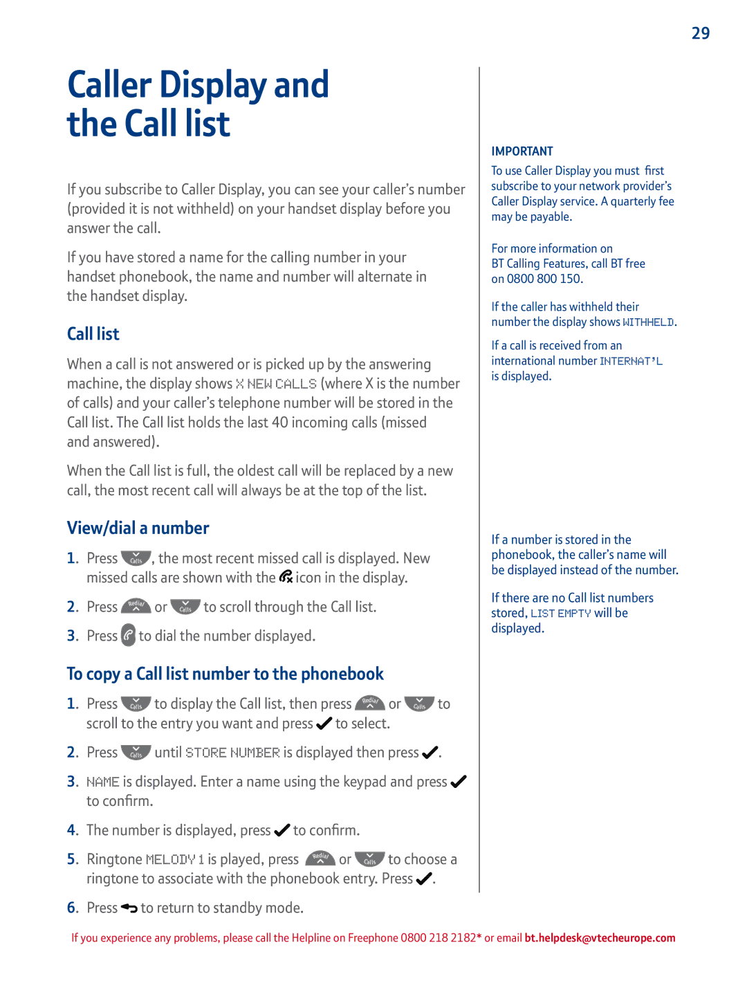 BT 4500 manual View/dial a number, To copy a Call list number to the phonebook 