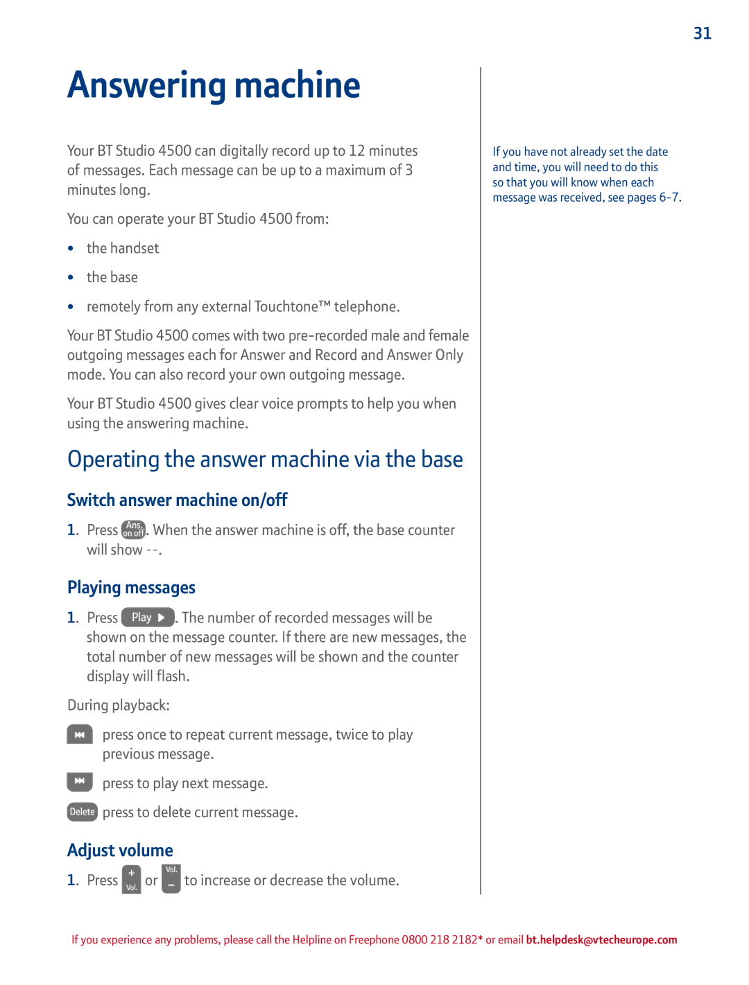 BT 4500 manual Answering machine, Switch answer machine on/off, Playing messages, Adjust volume 