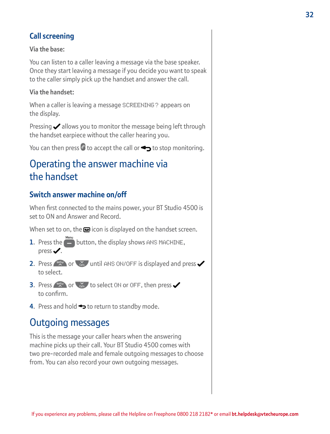 BT 4500 manual Operating the answer machine via the handset, Outgoing messages, Call screening 