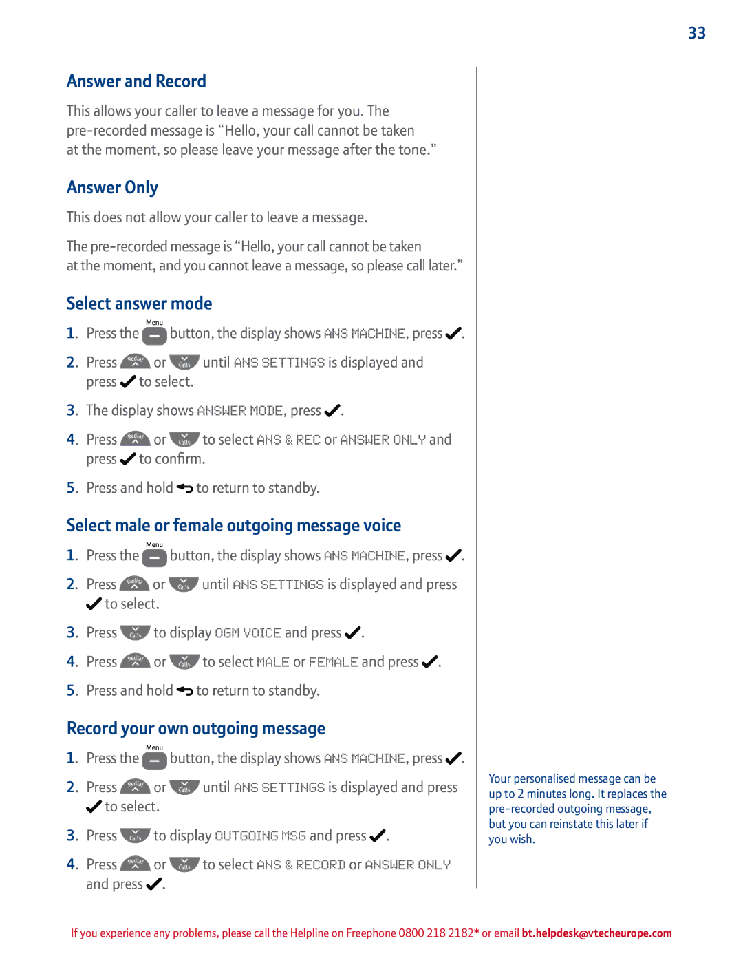 BT 4500 manual Answer and Record, Answer Only, Select answer mode, Select male or female outgoing message voice 
