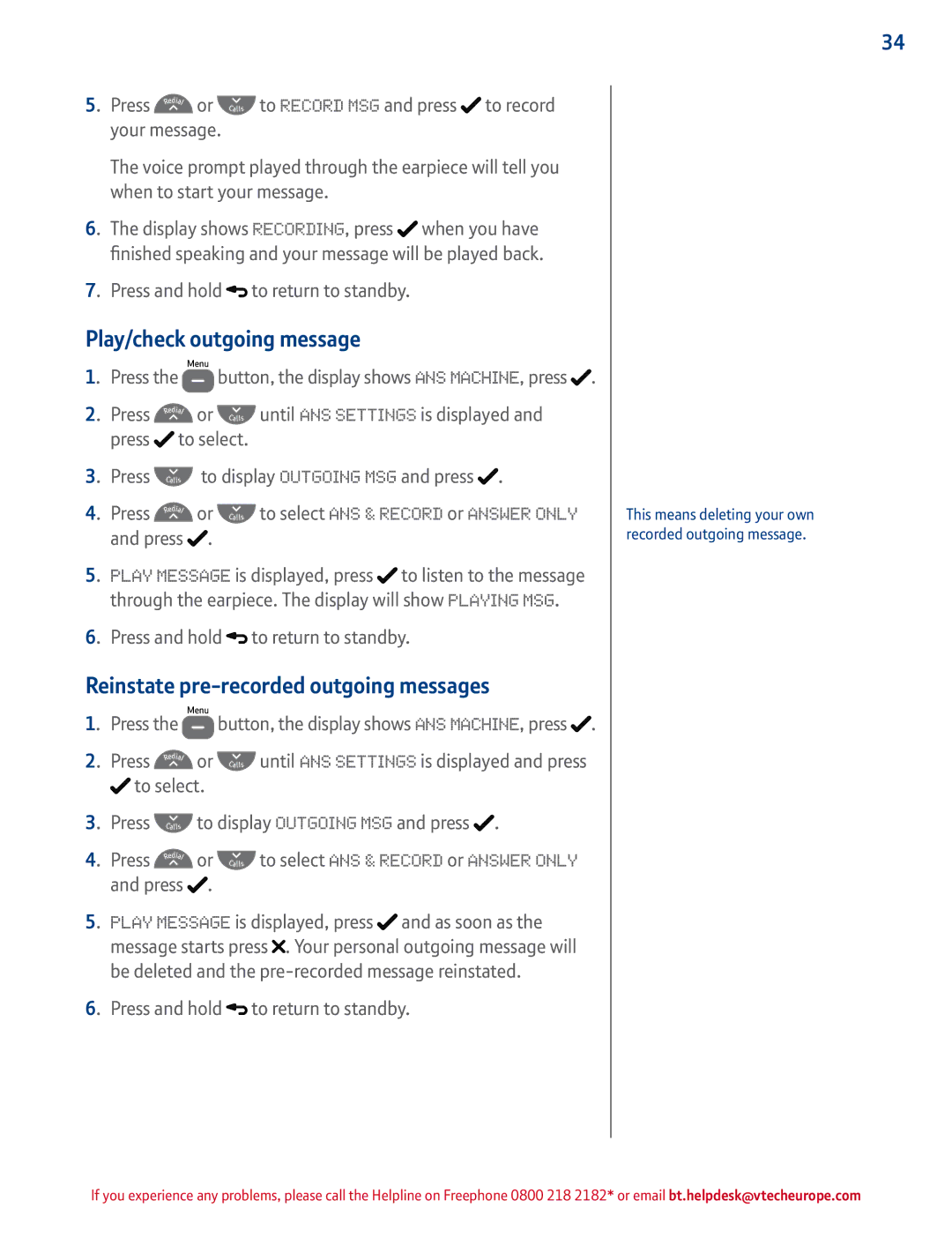 BT 4500 manual Play/check outgoing message, Reinstate pre-recorded outgoing messages 