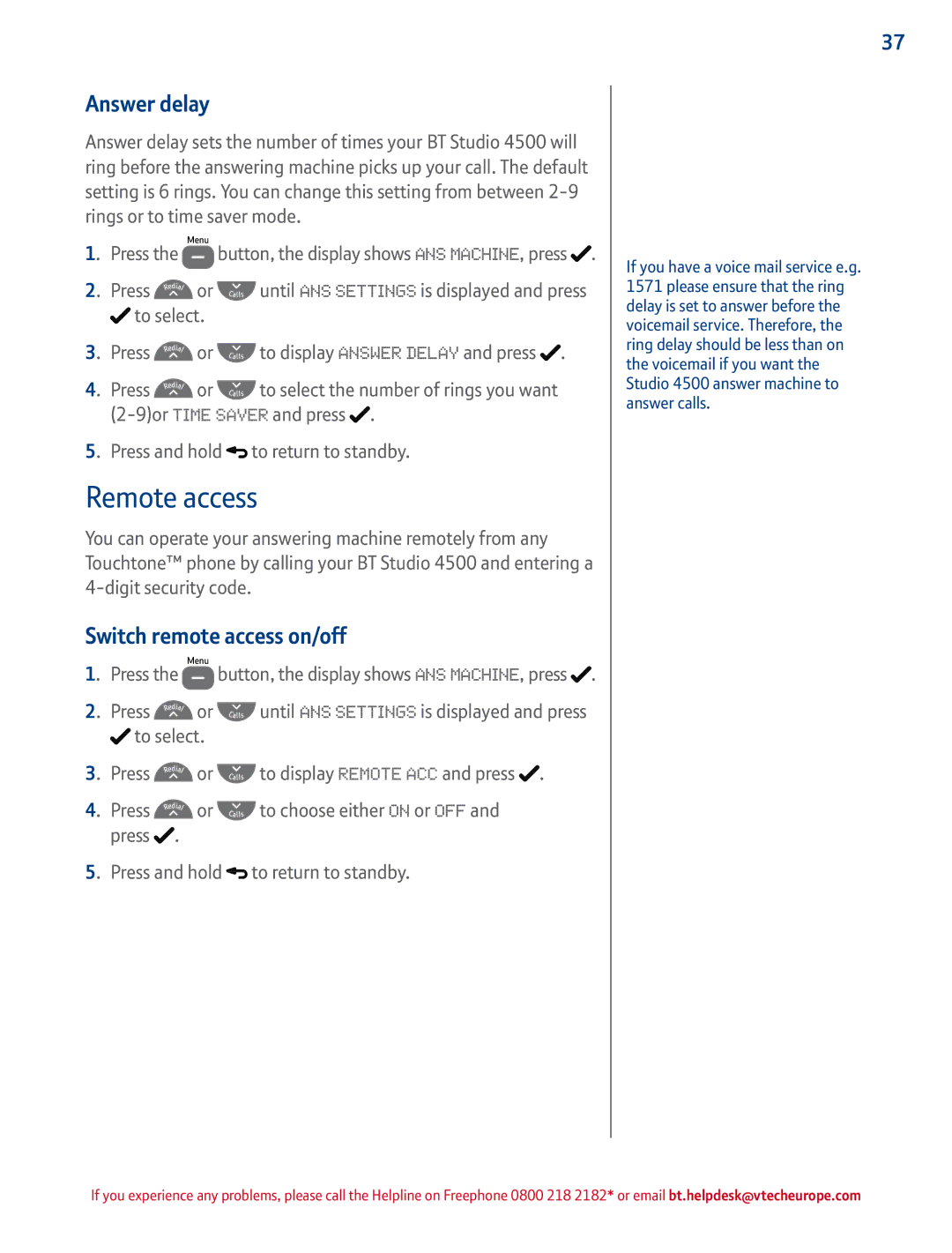 BT 4500 manual Remote access, Answer delay, Switch remote access on/off 