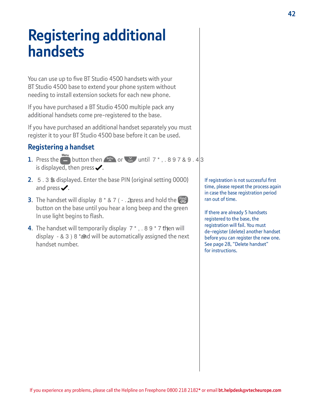 BT 4500 manual Registering a handset, Press Button then, For instructions 