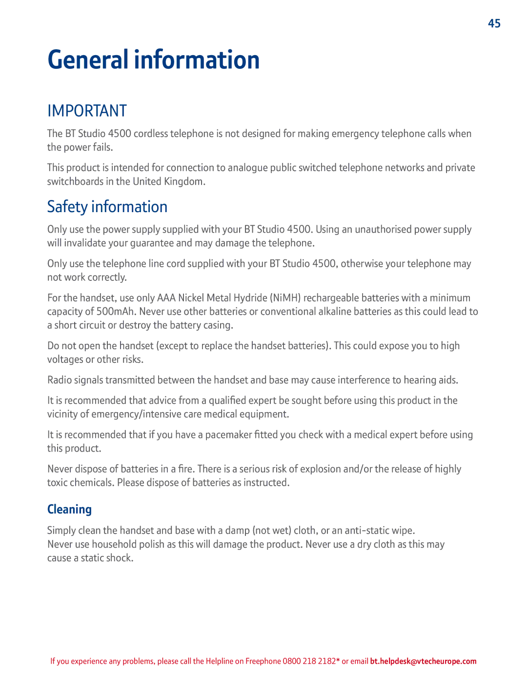 BT 4500 manual General information, Safety information, Cleaning 