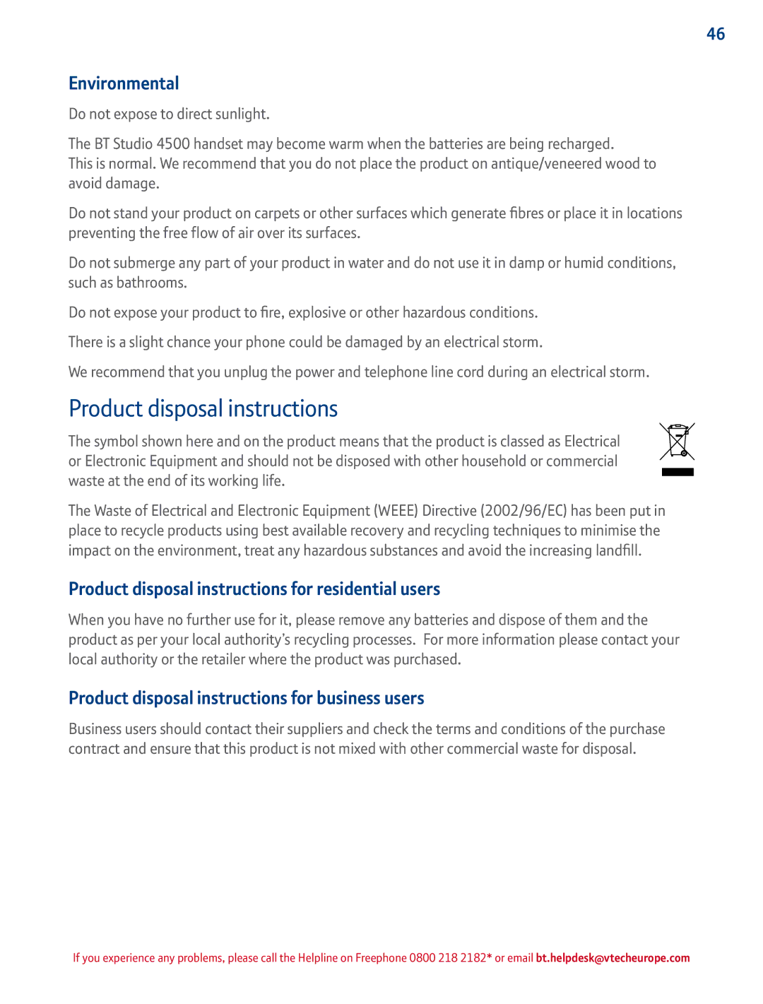 BT 4500 manual Environmental, Product disposal instructions for residential users 