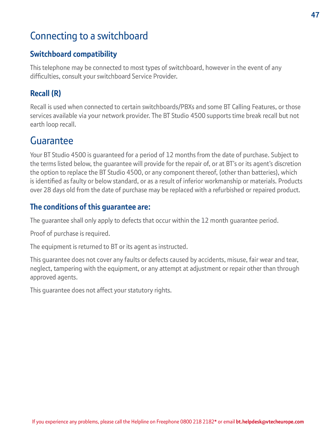 BT 4500 Connecting to a switchboard, Guarantee, Switchboard compatibility, Recall R, Conditions of this guarantee are 