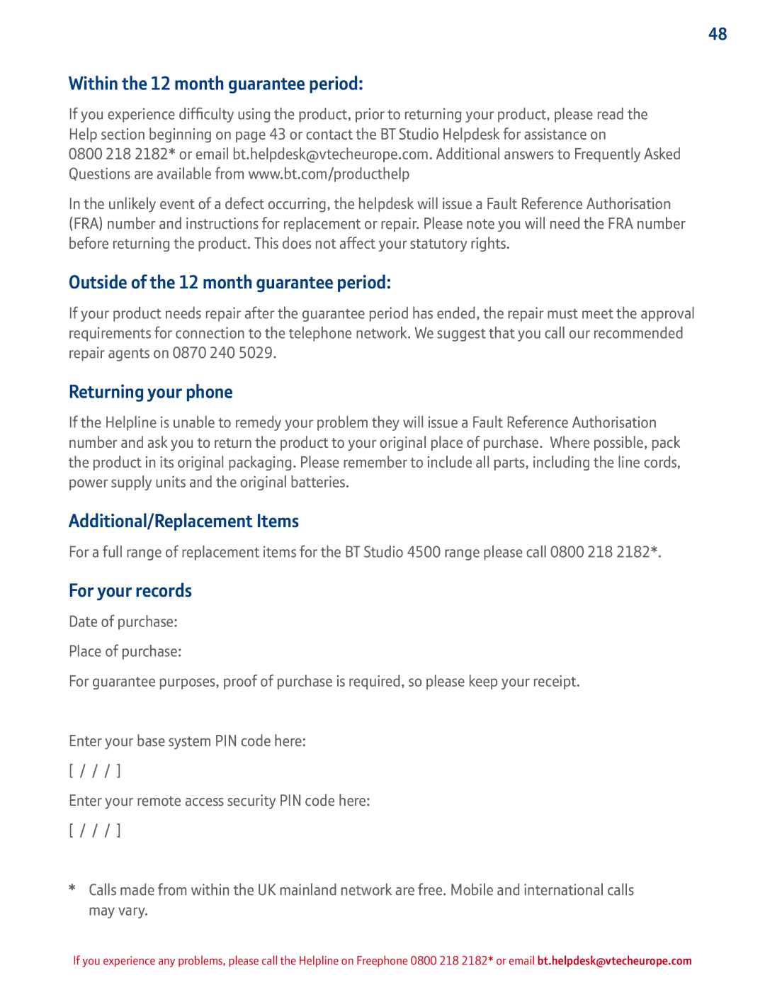 BT 4500 manual Within the 12 month guarantee period, Outside of the 12 month guarantee period, Returning your phone 
