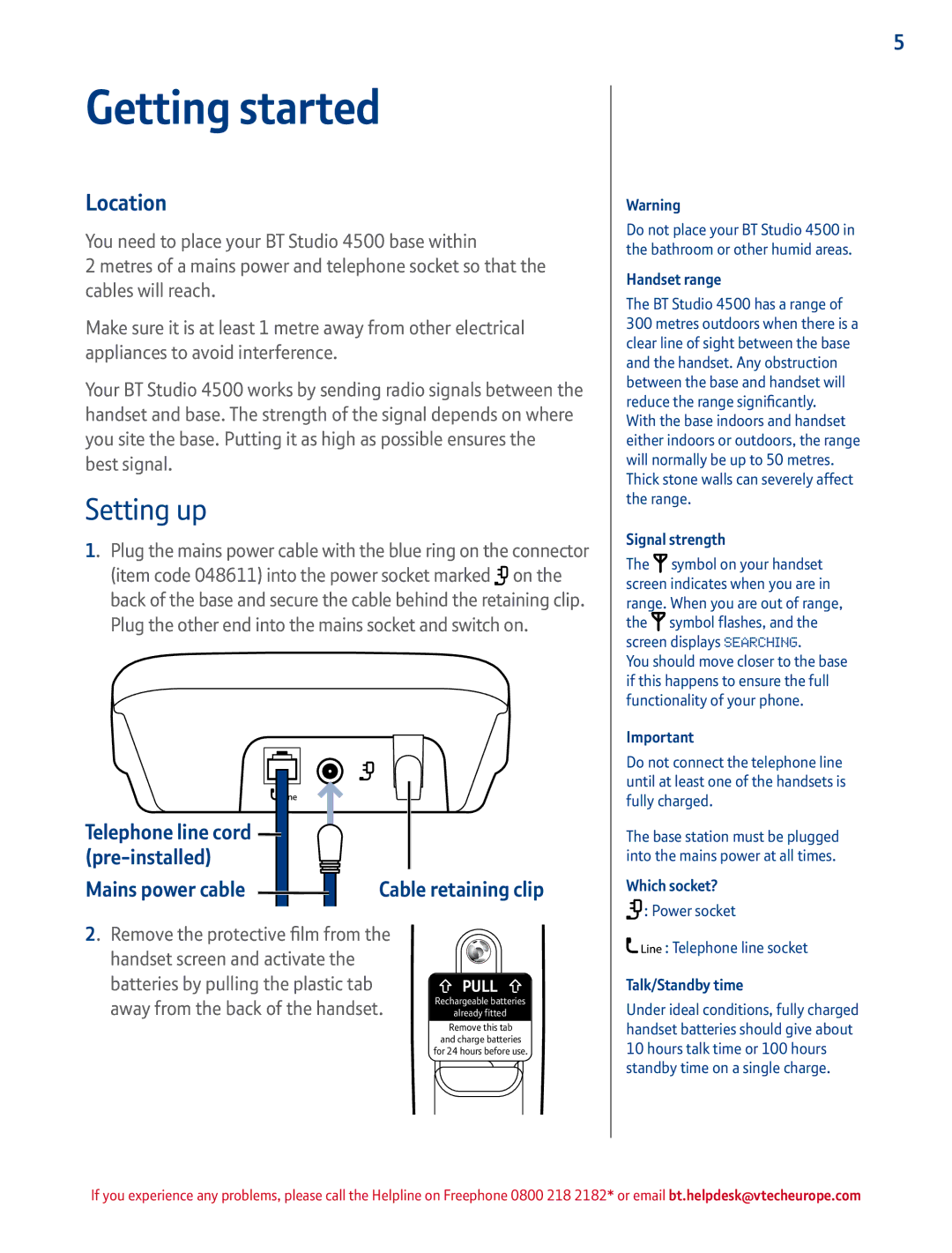 BT 4500 manual Getting started, Setting up, Location, Away from the back of the handset 