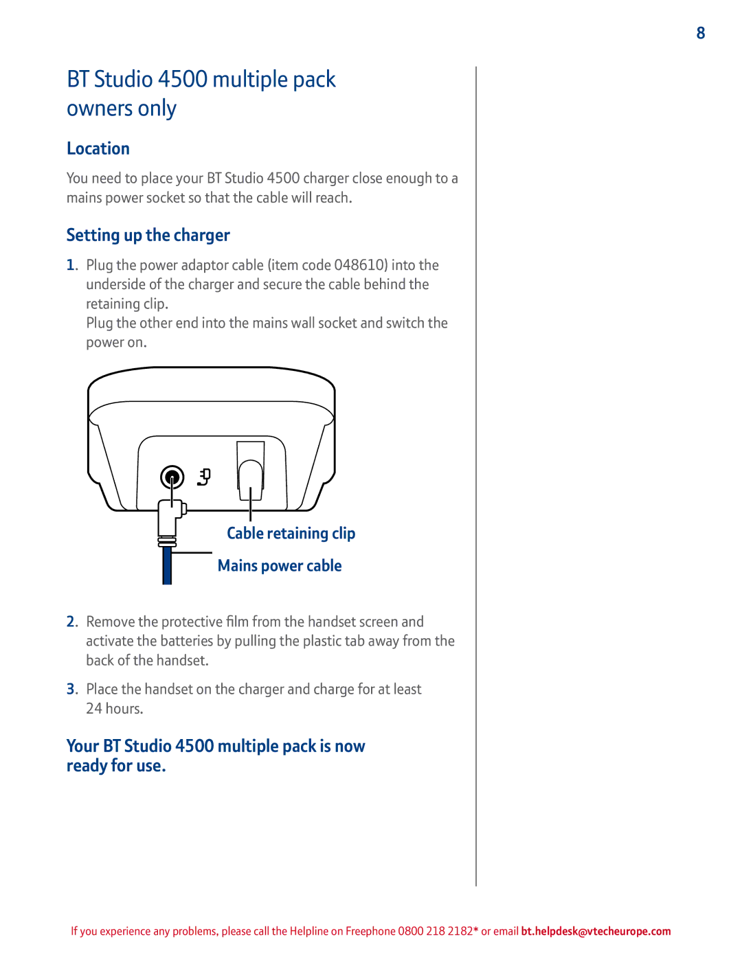 BT manual BT Studio 4500 multiple pack owners only, Setting up the charger 