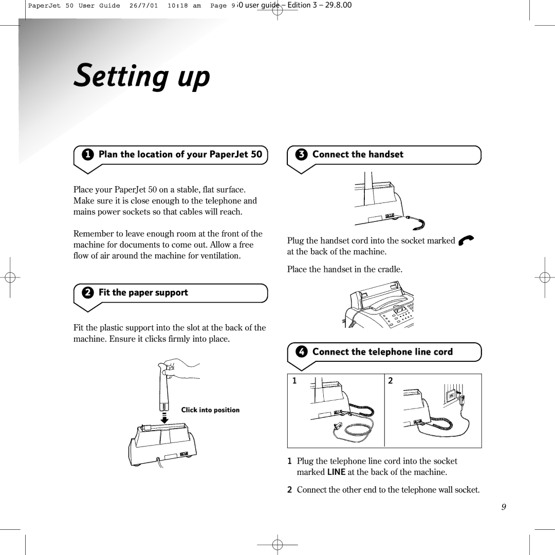 BT 50 manual Setting up, Fit the paper support, Connect the telephone line cord 