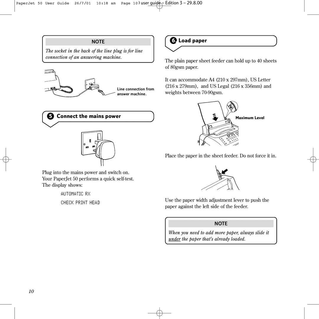 BT 50 manual Connect the mains power, Load paper, Automatic RX Check Print Head 